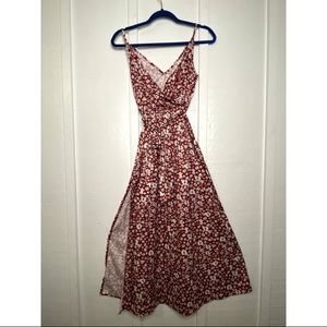 Red Floral Dress Side Slit with Belt Small